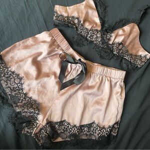 Two piece short and root lingerie set pink and black silky lace